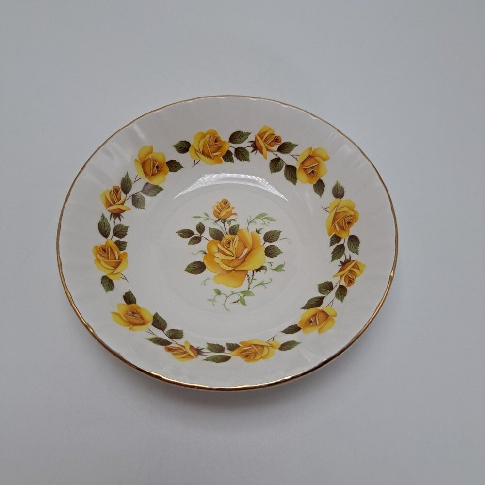 Ridgway Ironstone Golden Rose Dessert Bowl With Yellow Floral Design & Gold Trim